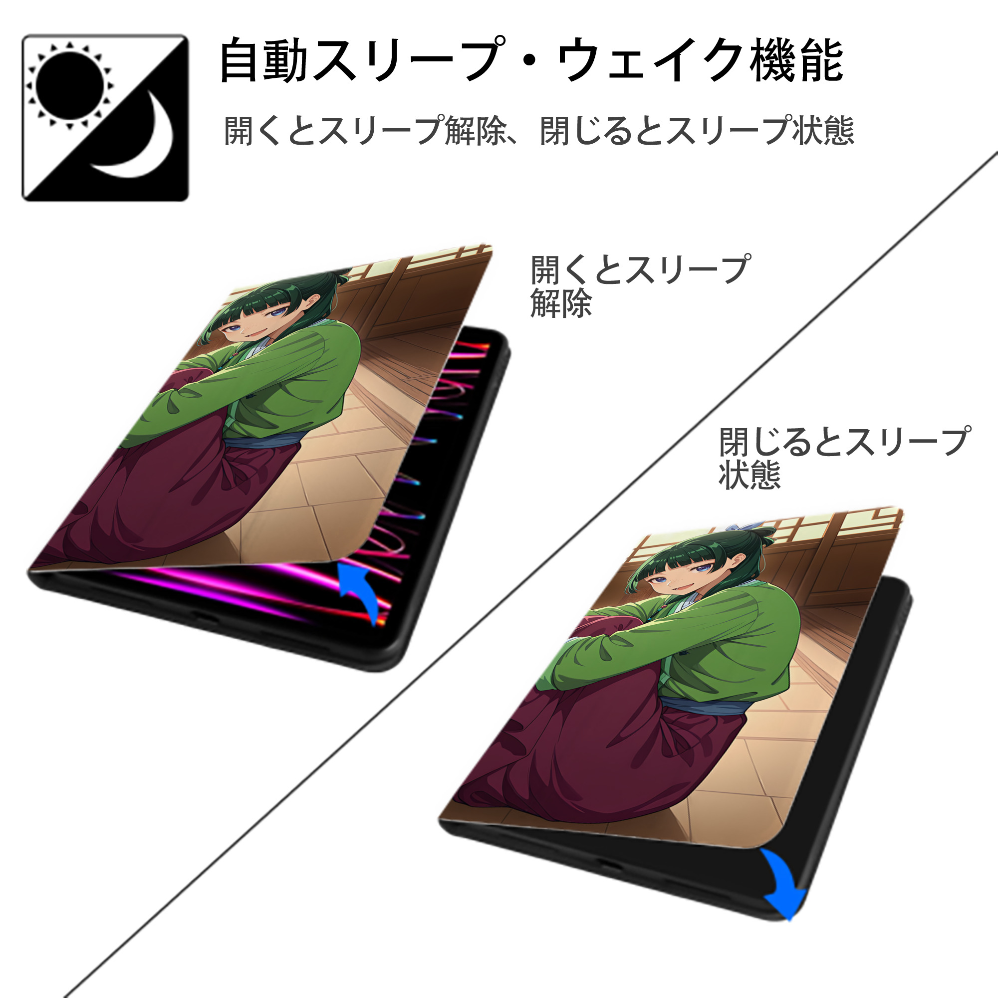 薬屋のひとりごと The Apothecary Diaries IPad ケース ブック型 PUレザー TPU 耐衝撃 軽量 薄型 ペン収納なし 全面保護 IPad 各モデル対応