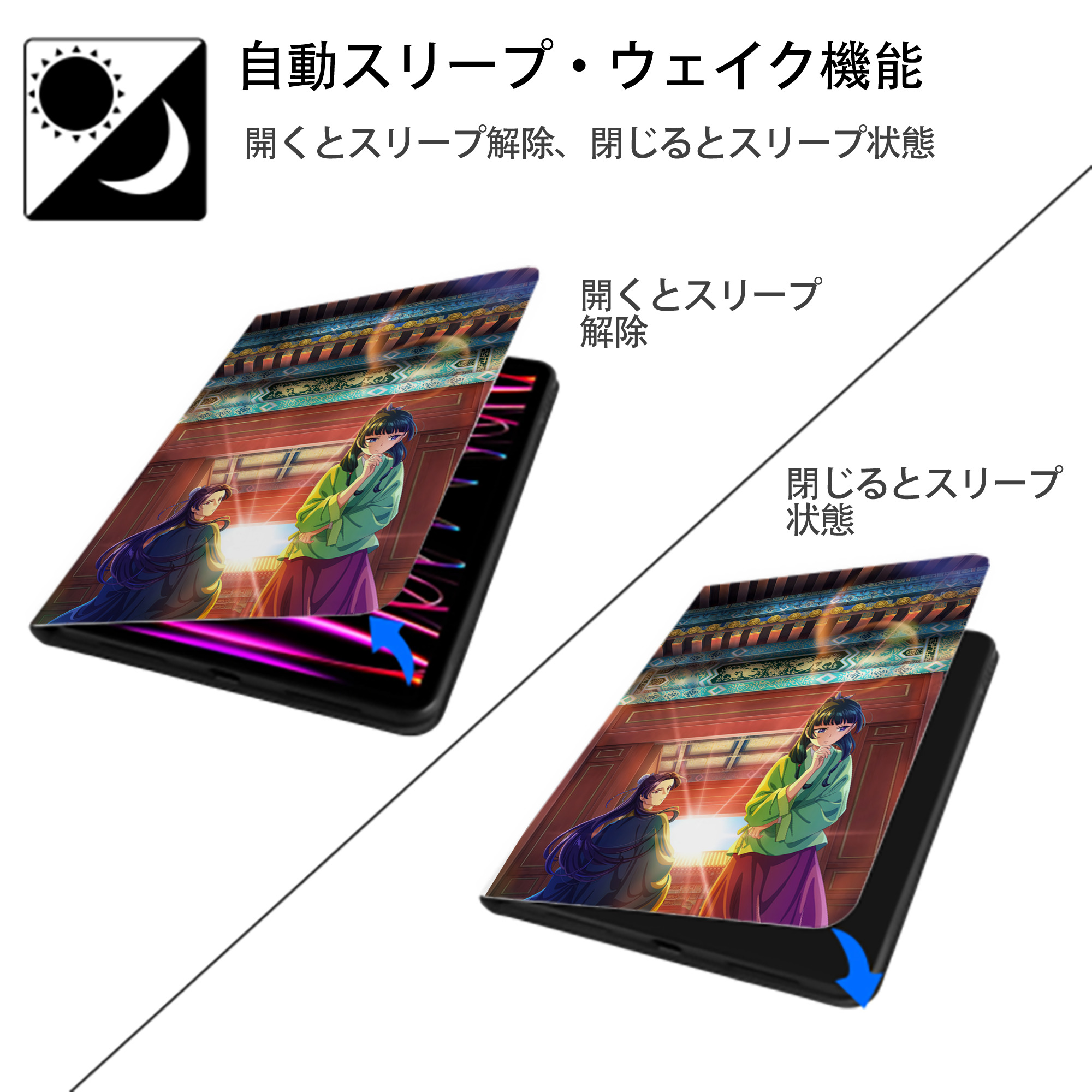 薬屋のひとりごと The Apothecary Diaries IPad ケース ペン収納付き 三つ折りスタンド PUレザー×シリコン 対応機種9.5/10.5/10.9インチ