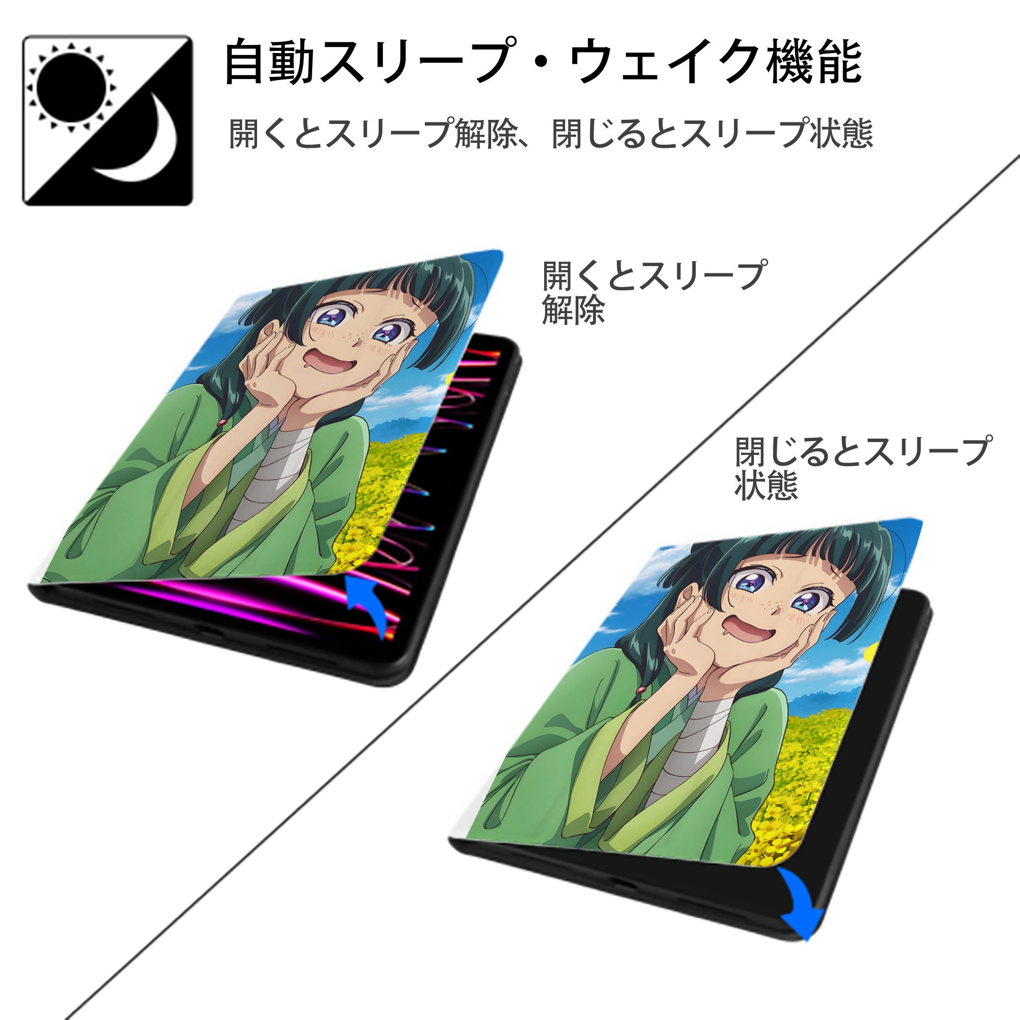 薬屋のひとりごと The Apothecary Diaries IPad ケース ペン収納付き 三つ折りスタンド PUレザー×シリコン 対応機種9.5/10.5/10.9インチ