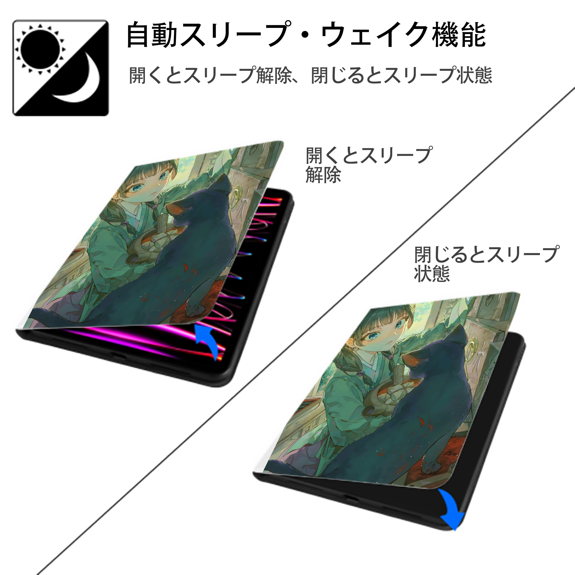 薬屋のひとりごと The Apothecary Diaries IPad ケース ペン収納付き 三つ折りスタンド PUレザー×シリコン 対応機種9.5/10.5/10.9インチ