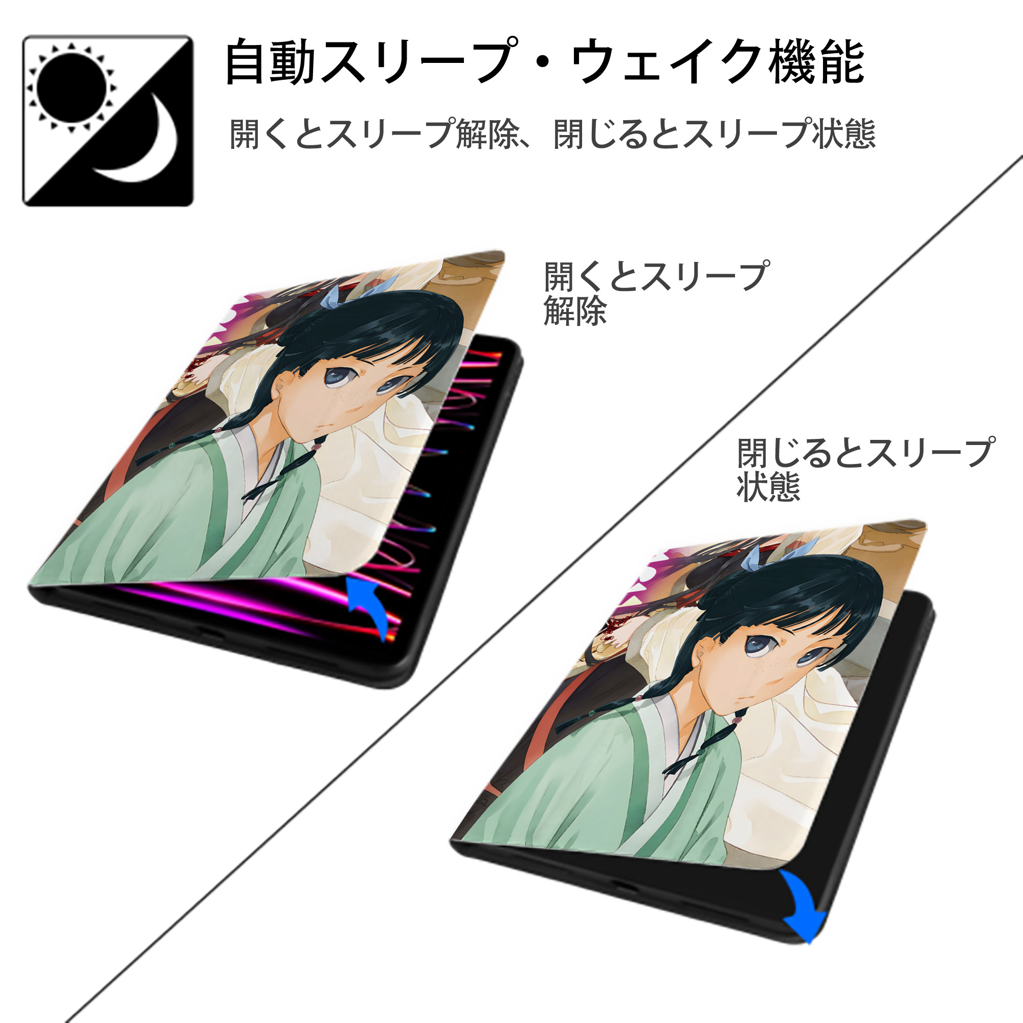 薬屋のひとりごと The Apothecary Diaries IPad ケース ペン収納付き 三つ折りスタンド PUレザー×シリコン 対応機種9.5/10.5/10.9インチ