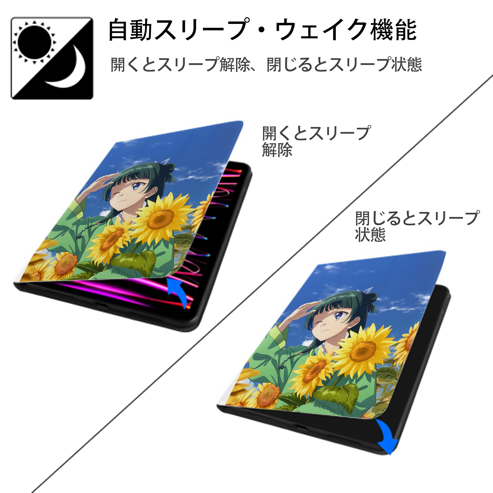 薬屋のひとりごと The Apothecary Diaries IPad ケース ペン収納付き 三つ折りスタンド PUレザー×シリコン 対応機種9.5/10.5/10.9インチ
