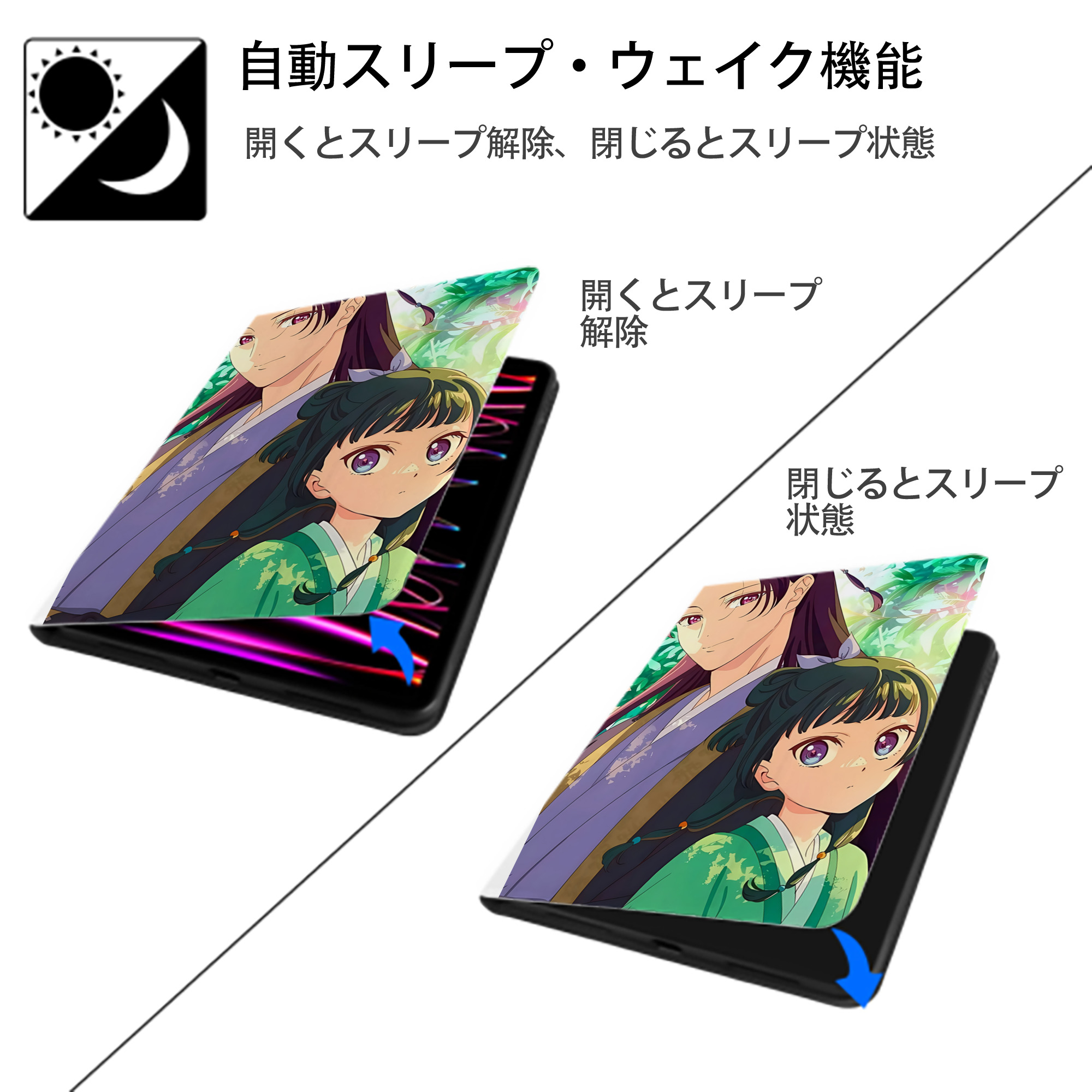 薬屋のひとりごと The Apothecary Diaries IPad ケース ペン収納付き 三つ折りスタンド PUレザー×シリコン 対応機種9.5/10.5/10.9インチ
