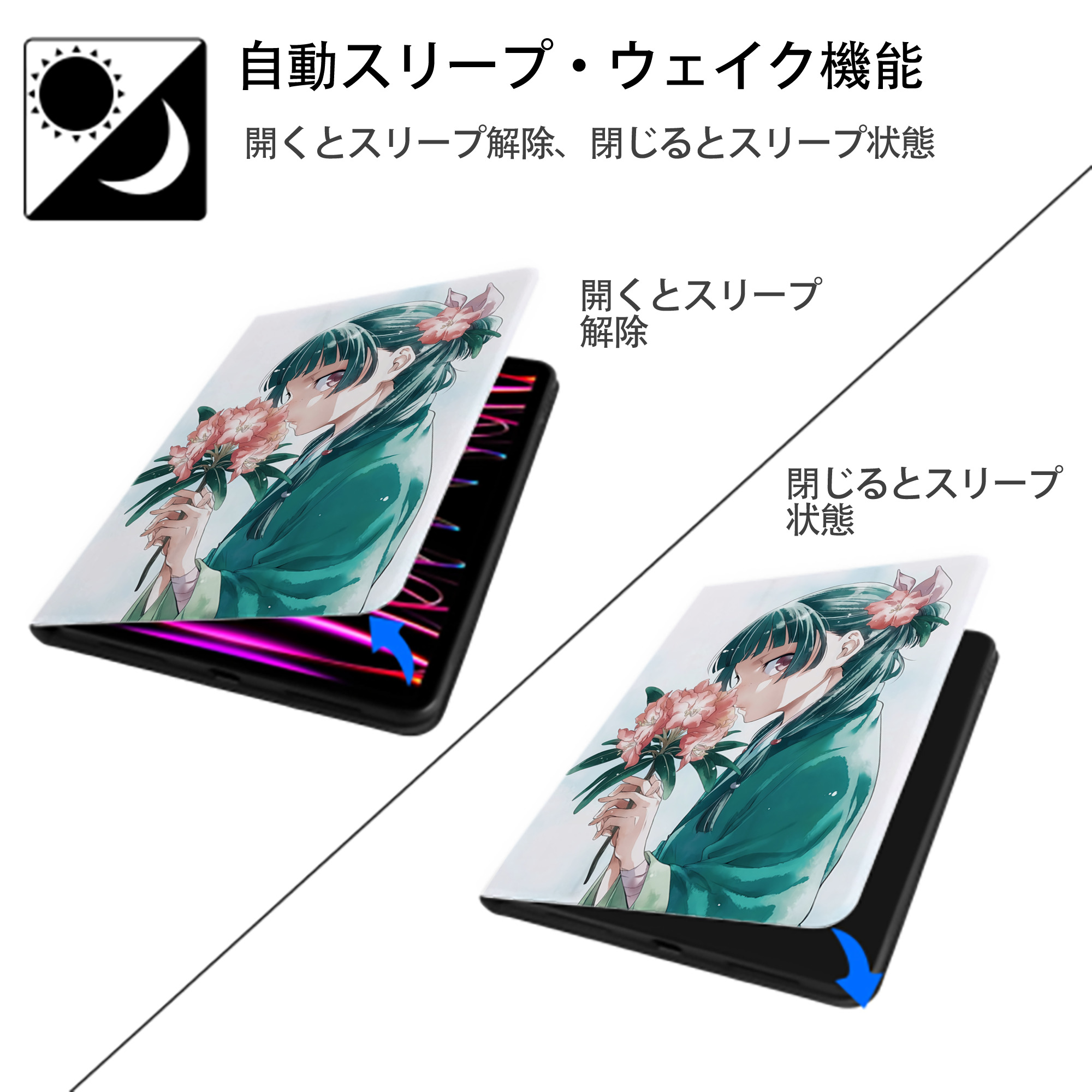 薬屋のひとりごと The Apothecary Diaries IPad ケース ペン収納付き 三つ折りスタンド PUレザー×シリコン 対応機種9.5/10.5/10.9インチ