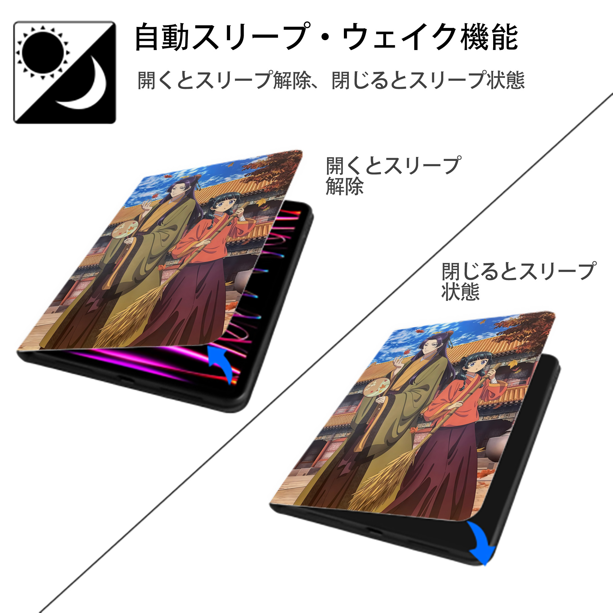 薬屋のひとりごと The Apothecary Diaries IPad ケース ペン収納付き 三つ折りスタンド PUレザー×シリコン 対応機種9.5/10.5/10.9インチ