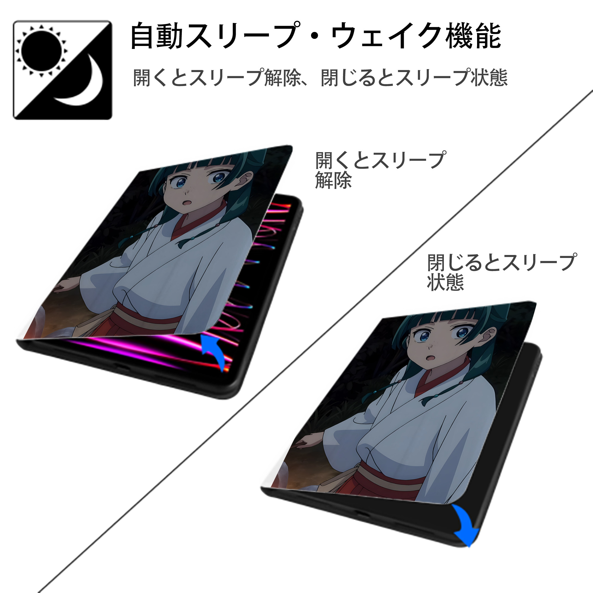 薬屋のひとりごと The Apothecary Diaries IPad ケース ペン収納付き 三つ折りスタンド PUレザー×シリコン 対応機種9.5/10.5/10.9インチ