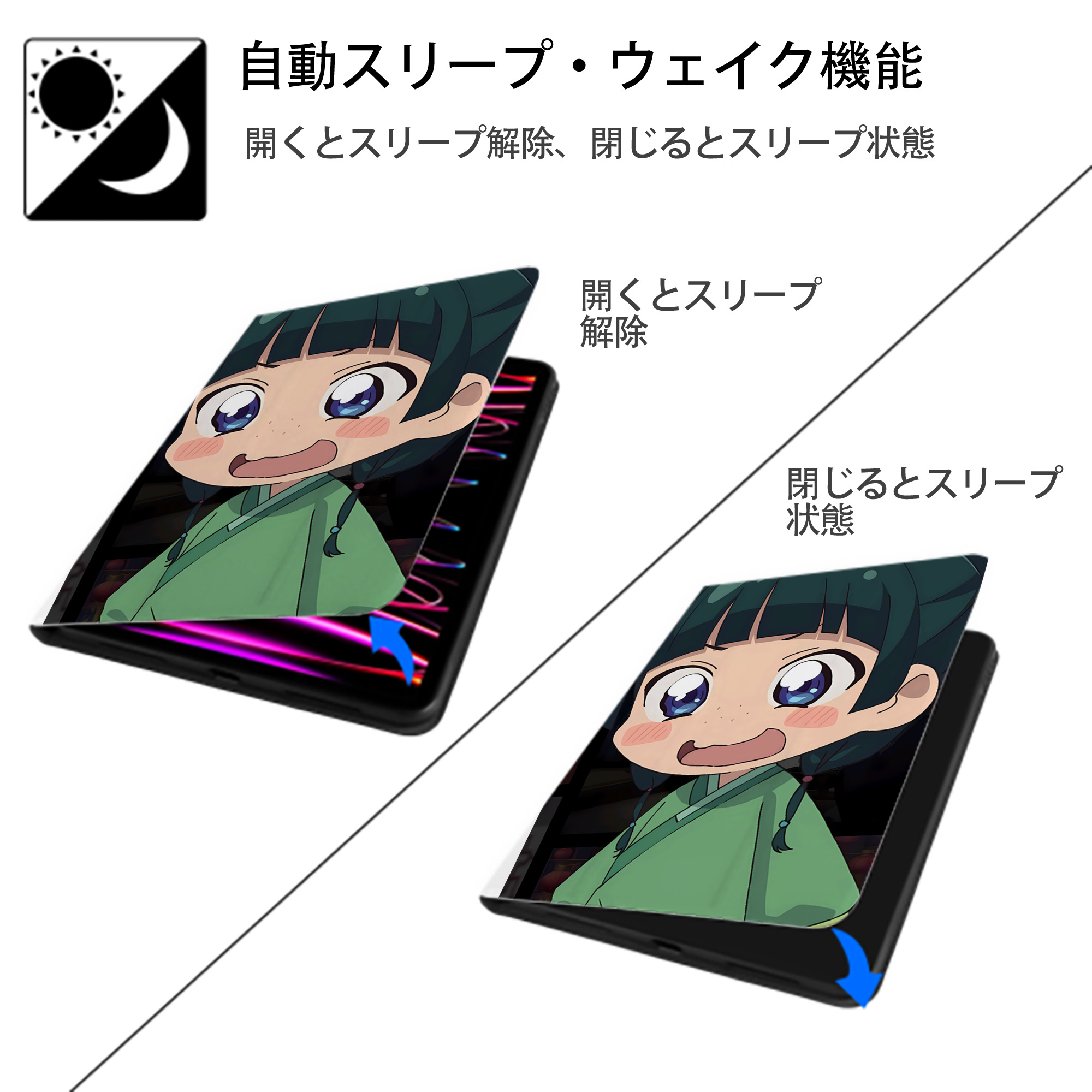 薬屋のひとりごと The Apothecary Diaries IPad ケース ペン収納付き 三つ折りスタンド PUレザー×シリコン 対応機種9.5/10.5/10.9インチ