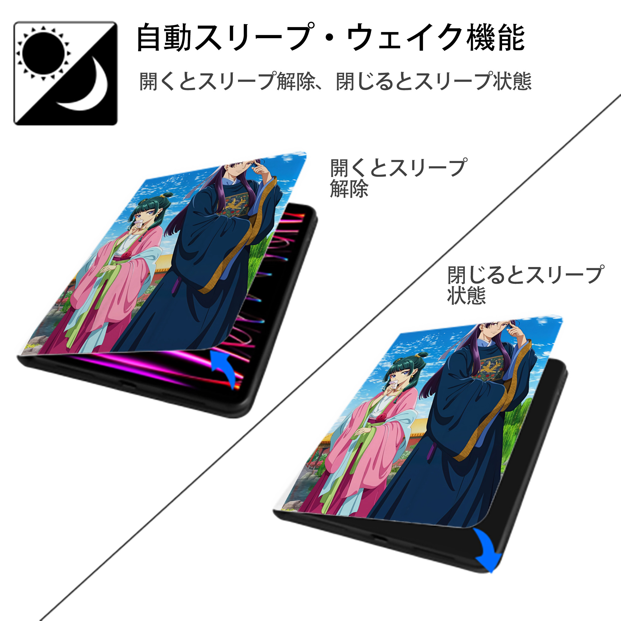 薬屋のひとりごと The Apothecary Diaries IPad ケース ペン収納付き 三つ折りスタンド PUレザー×シリコン 対応機種9.5/10.5/10.9インチ
