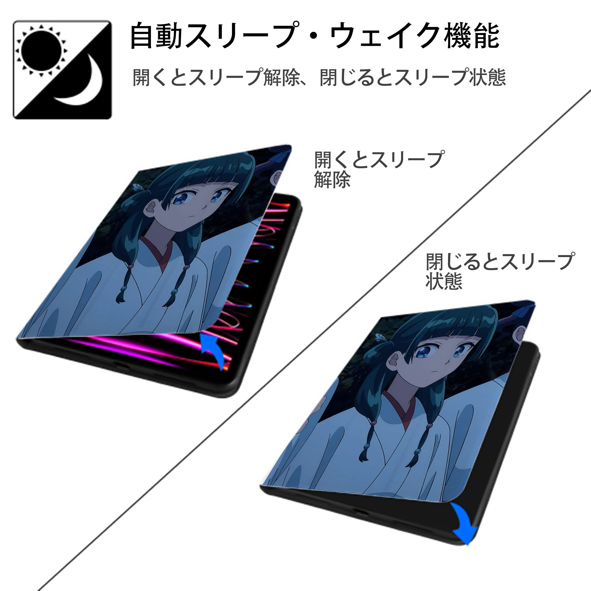 薬屋のひとりごと The Apothecary Diaries IPad ケース ペン収納付き 三つ折りスタンド PUレザー×シリコン 対応機種9.5/10.5/10.9インチ