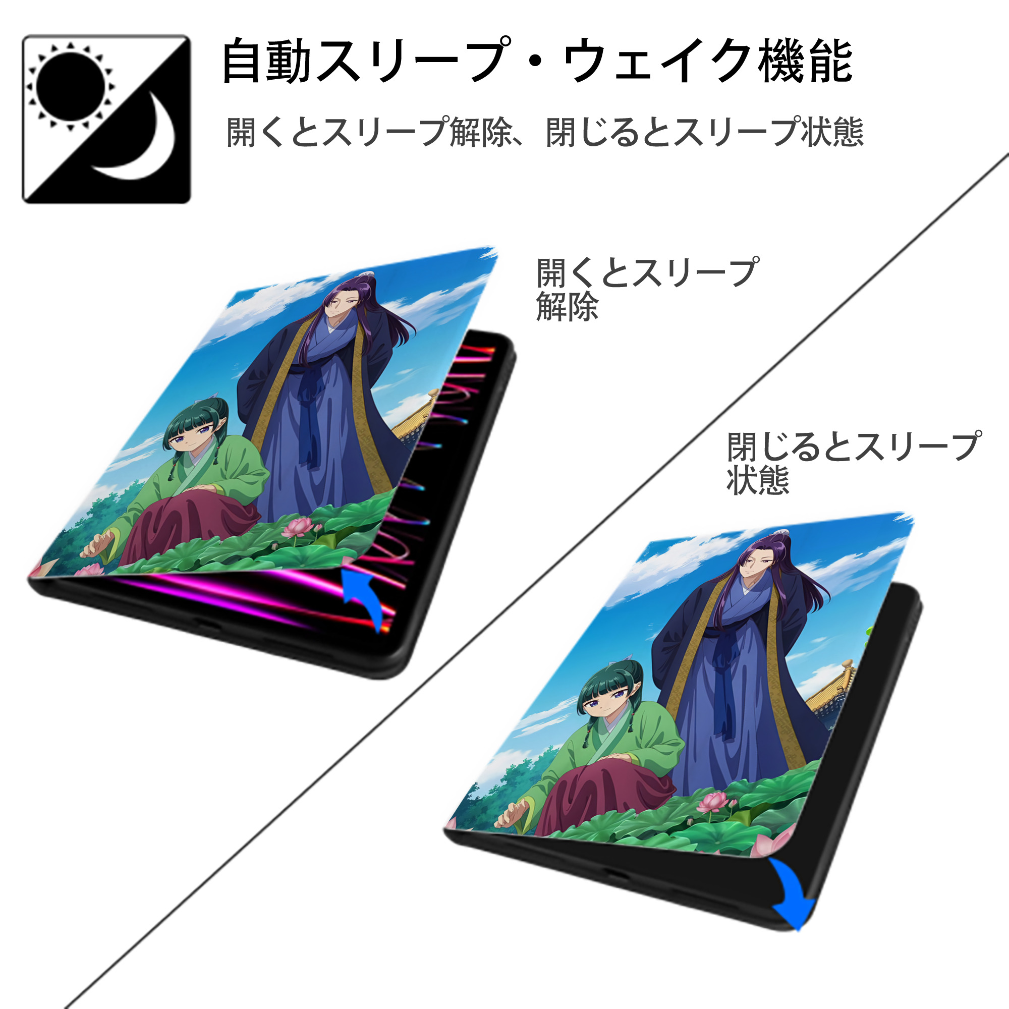 薬屋のひとりごと The Apothecary Diaries IPad ケース ペン収納付き 三つ折りスタンド PUレザー×シリコン 対応機種9.5/10.5/10.9インチ