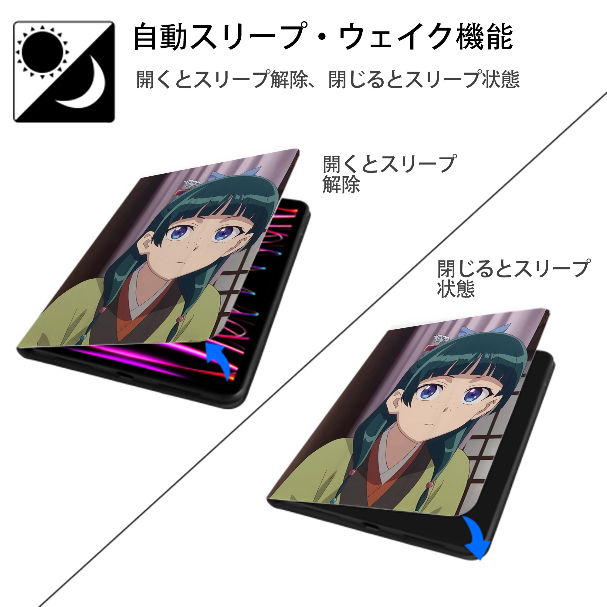 薬屋のひとりごと The Apothecary Diaries IPad ケース ペン収納付き 三つ折りスタンド PUレザー×シリコン 対応機種9.5/10.5/10.9インチ