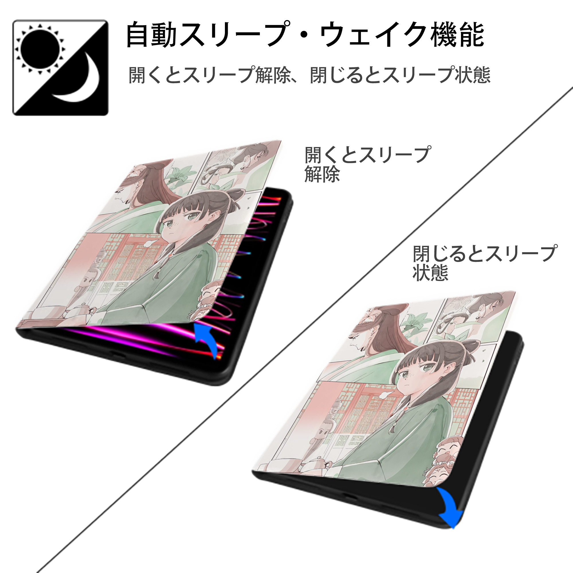 薬屋のひとりごと The Apothecary Diaries IPad ケース ペン収納付き 三つ折りスタンド PUレザー×シリコン 対応機種9.5/10.5/10.9インチ