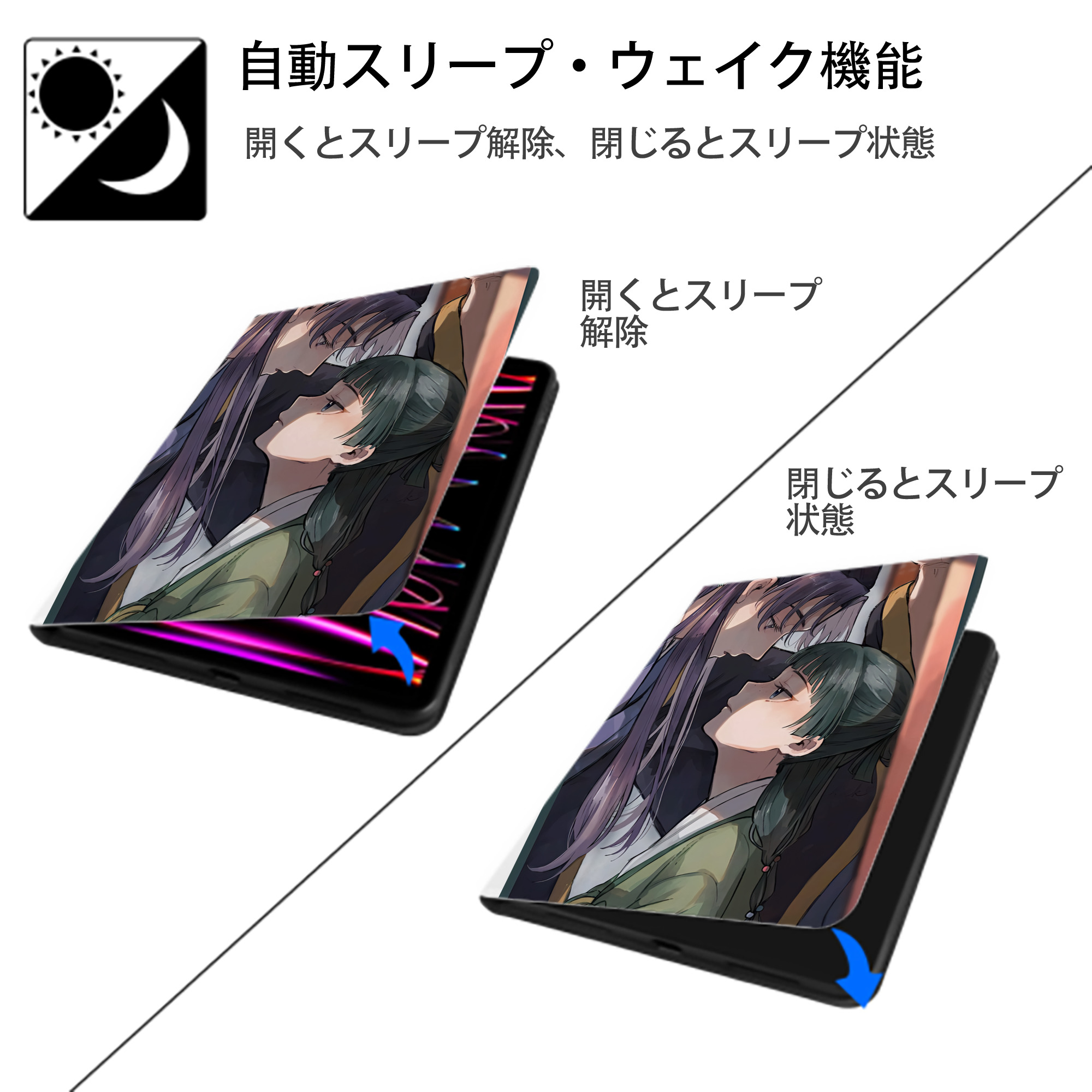 薬屋のひとりごと The Apothecary Diaries IPad ケース ペン収納付き 三つ折りスタンド PUレザー×シリコン 対応機種9.5/10.5/10.9インチ