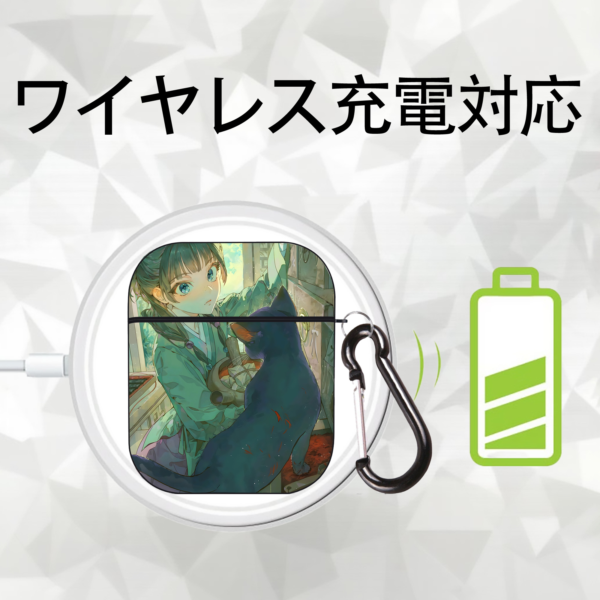 薬屋のひとりごと The Apothecary Diaries AirPods 第2世代保護ケース ハードシェル ブラック 耐衝撃・防指紋・カラビナ付き
