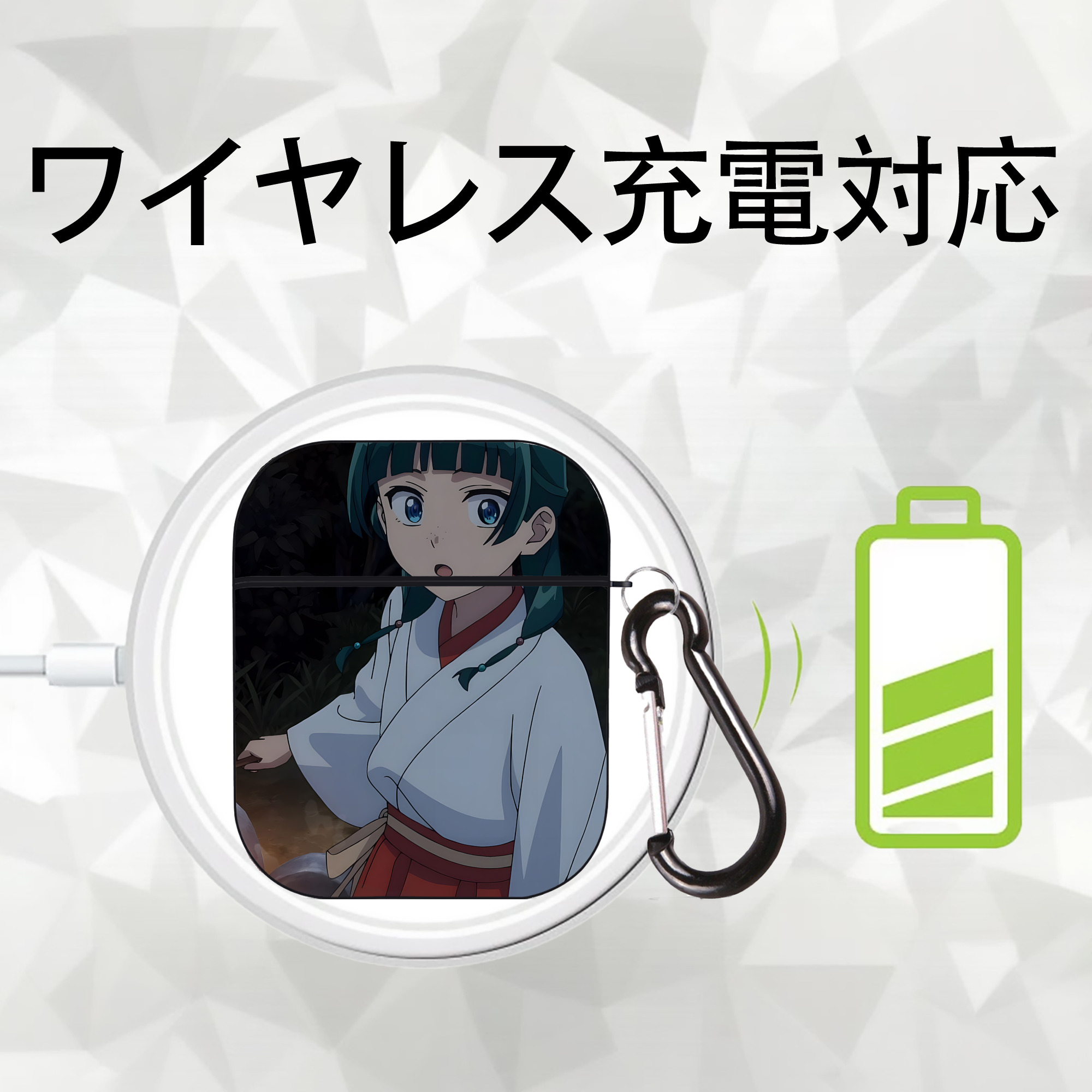 薬屋のひとりごと The Apothecary Diaries AirPods 第2世代保護ケース ハードシェル ブラック 耐衝撃・防指紋・カラビナ付き