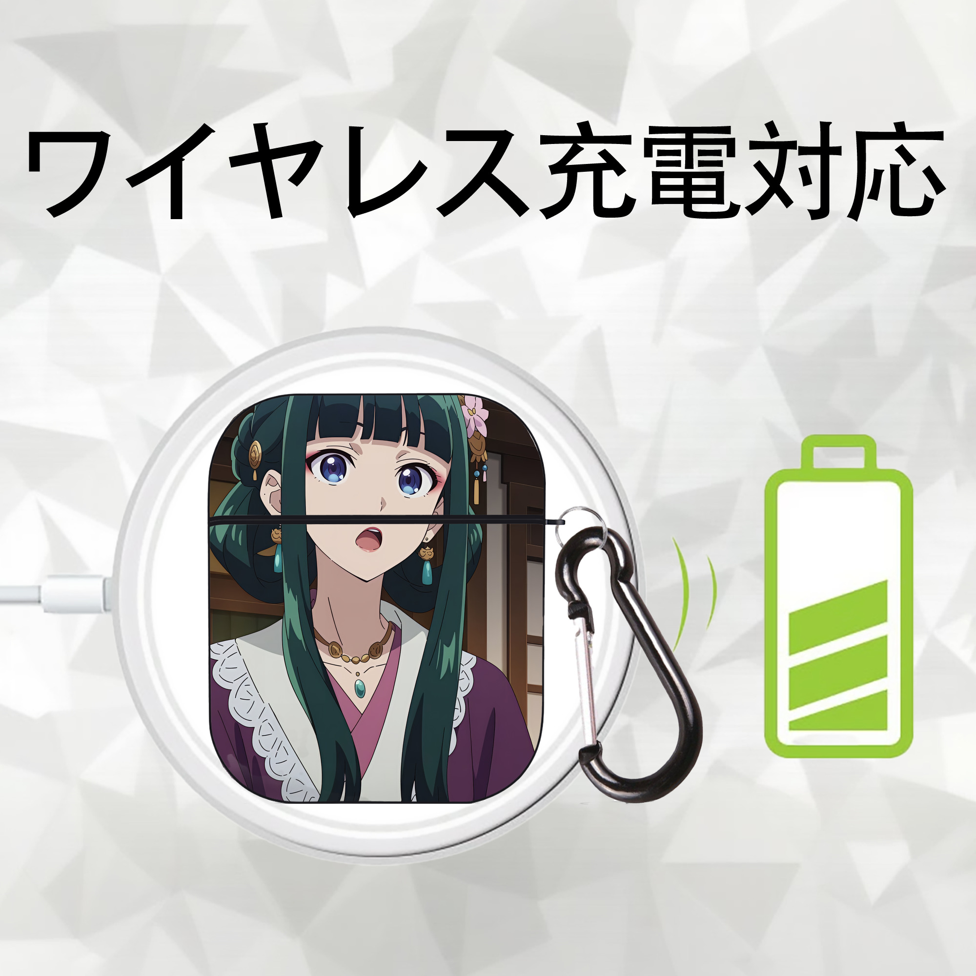 薬屋のひとりごと The Apothecary Diaries AirPods 第2世代保護ケース ハードシェル ブラック 耐衝撃・防指紋・カラビナ付き