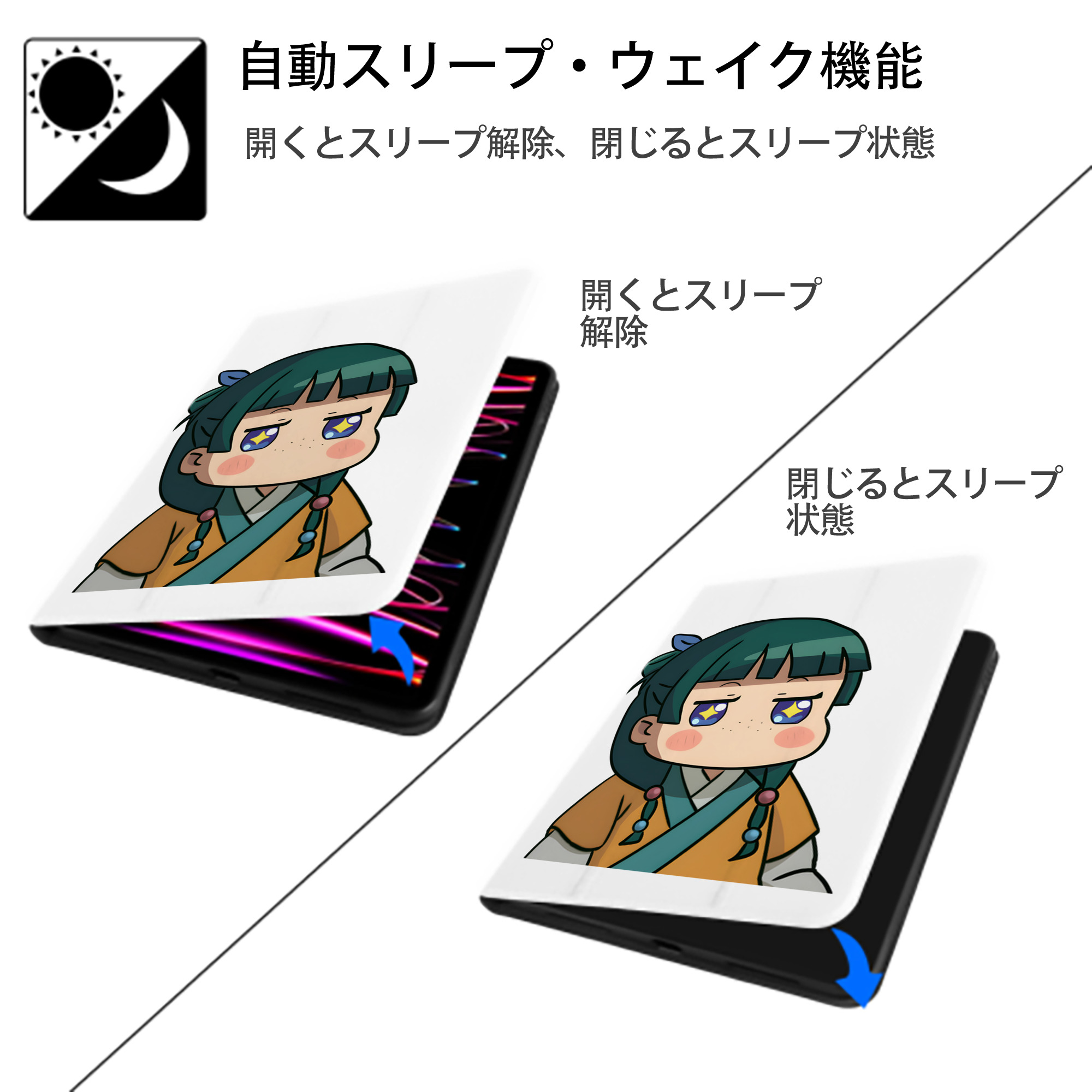 薬屋のひとりごと The Apothecary Diaries IPad ケース ペン収納付き 三つ折りスタンド PUレザー×シリコン 対応機種9.5/10.5/10.9インチ