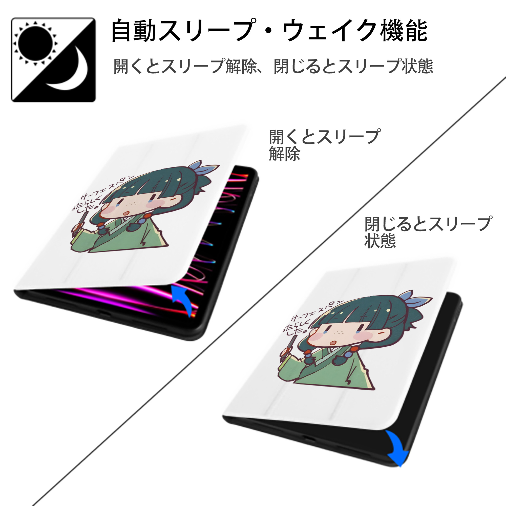薬屋のひとりごと The Apothecary Diaries IPad ケース ペン収納付き 三つ折りスタンド PUレザー×シリコン 対応機種9.5/10.5/10.9インチ