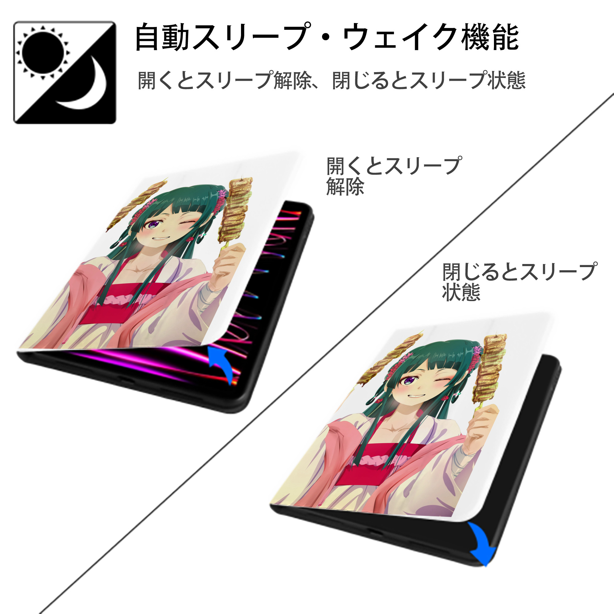薬屋のひとりごと The Apothecary Diaries IPad ケース ペン収納付き 三つ折りスタンド PUレザー×シリコン 対応機種9.5/10.5/10.9インチ