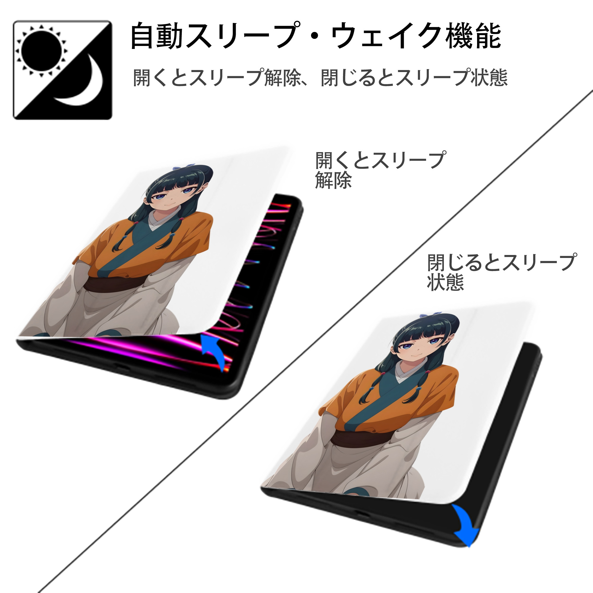 薬屋のひとりごと The Apothecary Diaries IPad ケース ペン収納付き 三つ折りスタンド PUレザー×シリコン 対応機種9.5/10.5/10.9インチ