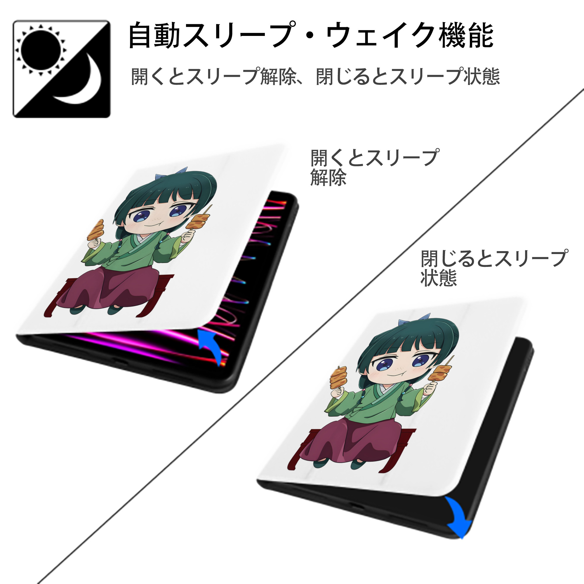 薬屋のひとりごと The Apothecary Diaries IPad ケース ペン収納付き 三つ折りスタンド PUレザー×シリコン 対応機種9.5/10.5/10.9インチ