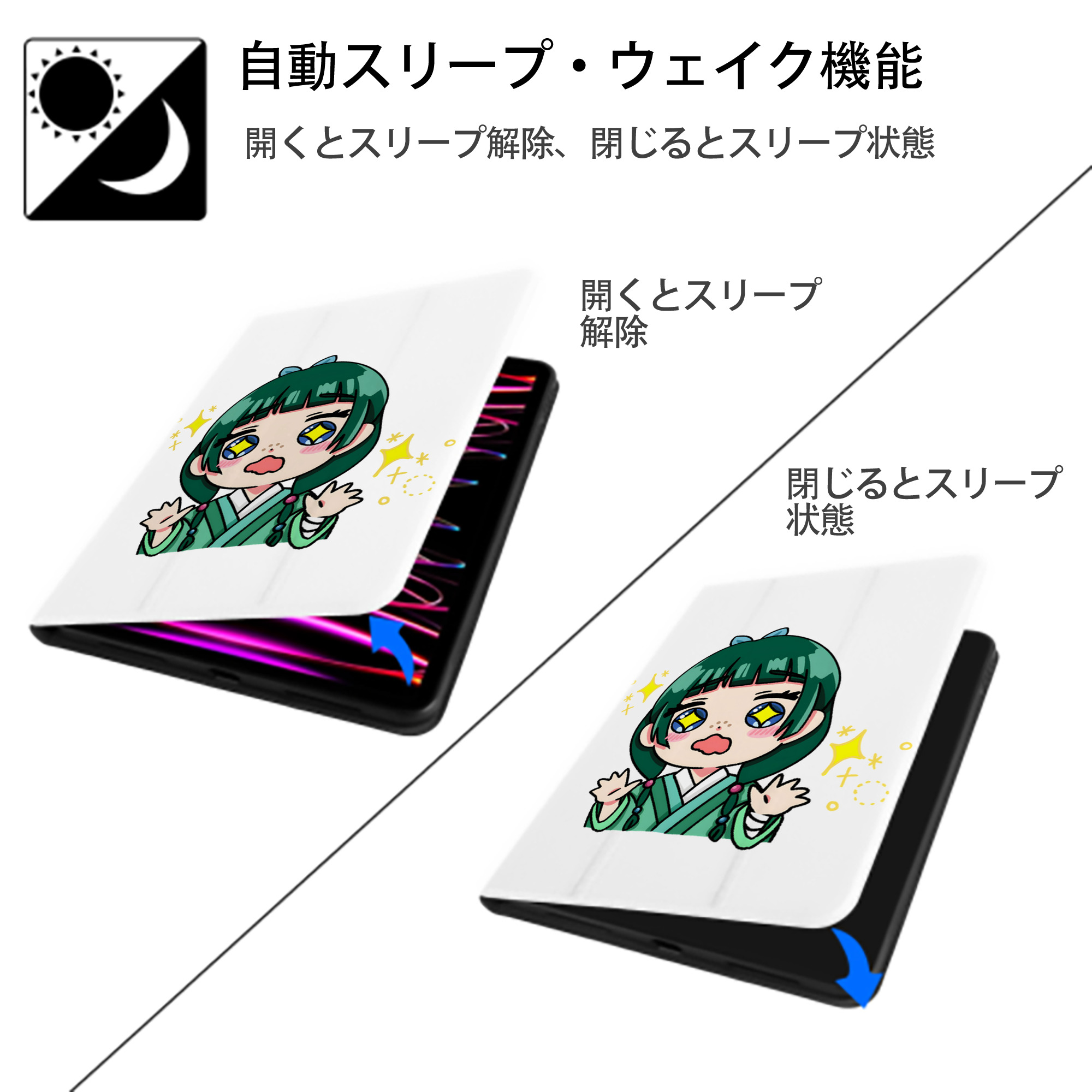 薬屋のひとりごと The Apothecary Diaries IPad ケース ペン収納付き 三つ折りスタンド PUレザー×シリコン 対応機種9.5/10.5/10.9インチ