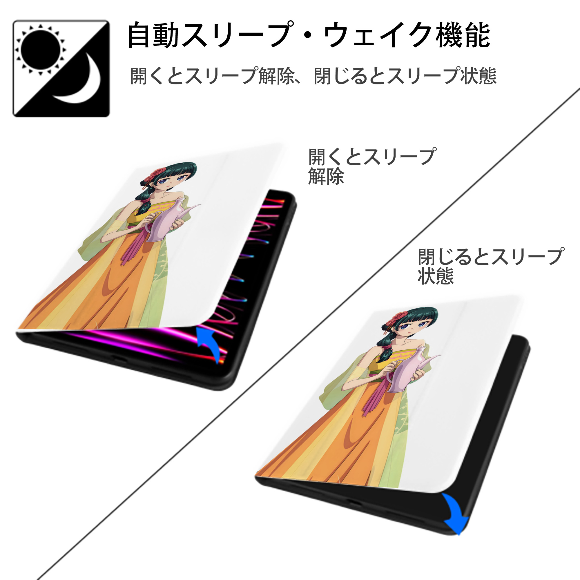 薬屋のひとりごと The Apothecary Diaries IPad ケース ペン収納付き 三つ折りスタンド PUレザー×シリコン 対応機種9.5/10.5/10.9インチ