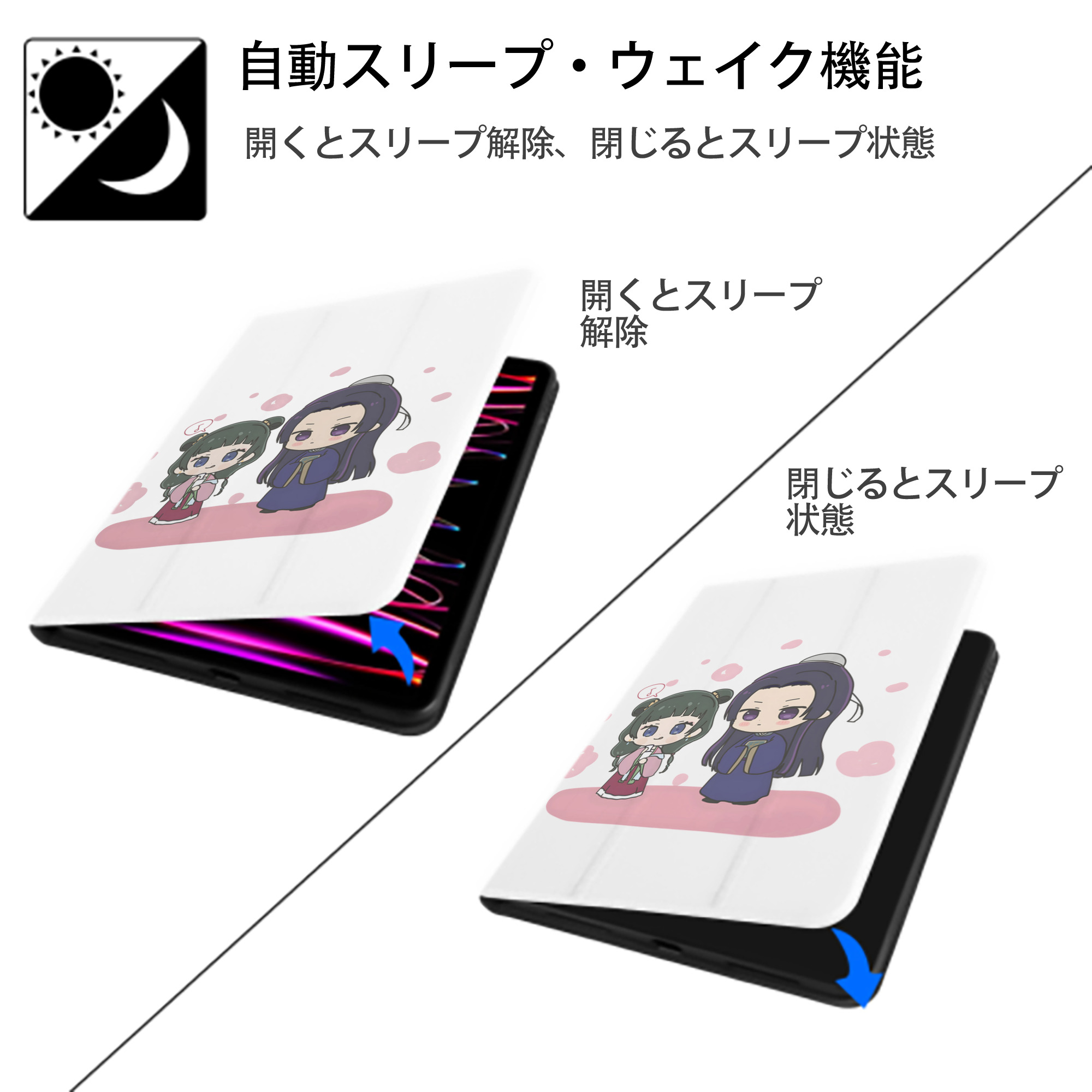 薬屋のひとりごと The Apothecary Diaries IPad ケース ペン収納付き 三つ折りスタンド PUレザー×シリコン 対応機種9.5/10.5/10.9インチ