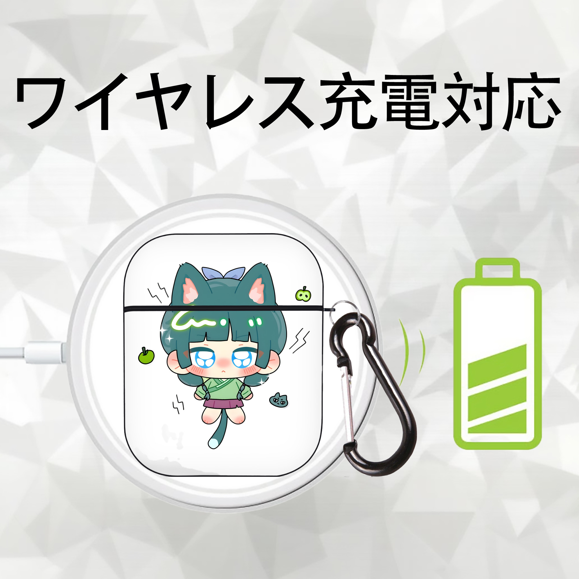 薬屋のひとりごと The Apothecary Diaries AirPods 第2世代保護ケース ハードシェル ブラック 耐衝撃・防指紋・カラビナ付き