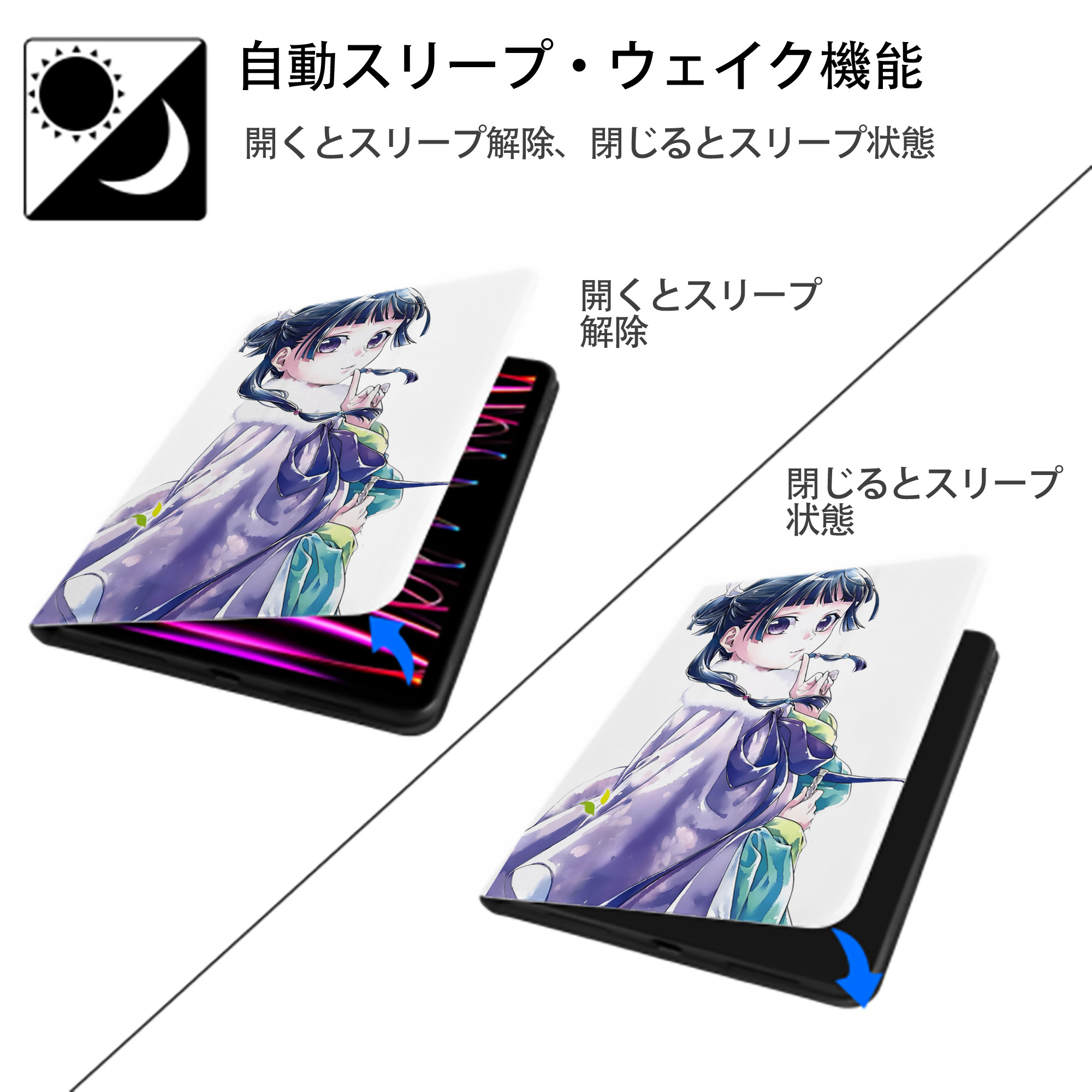薬屋のひとりごと The Apothecary Diaries IPad ケース ペン収納付き 三つ折りスタンド PUレザー×シリコン 対応機種9.5/10.5/10.9インチ