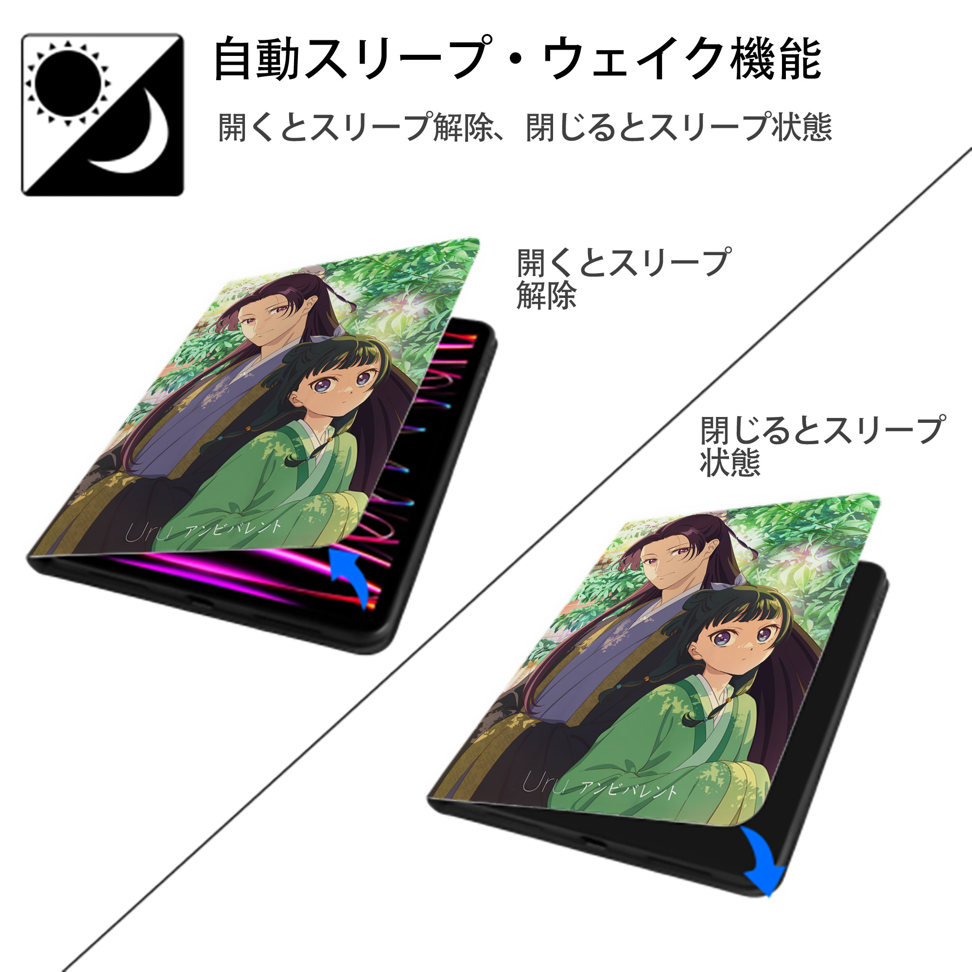 薬屋のひとりごと The Apothecary Diaries IPad ケース ペン収納付き 三つ折りスタンド PUレザー×シリコン 対応機種9.5/10.5/10.9インチ