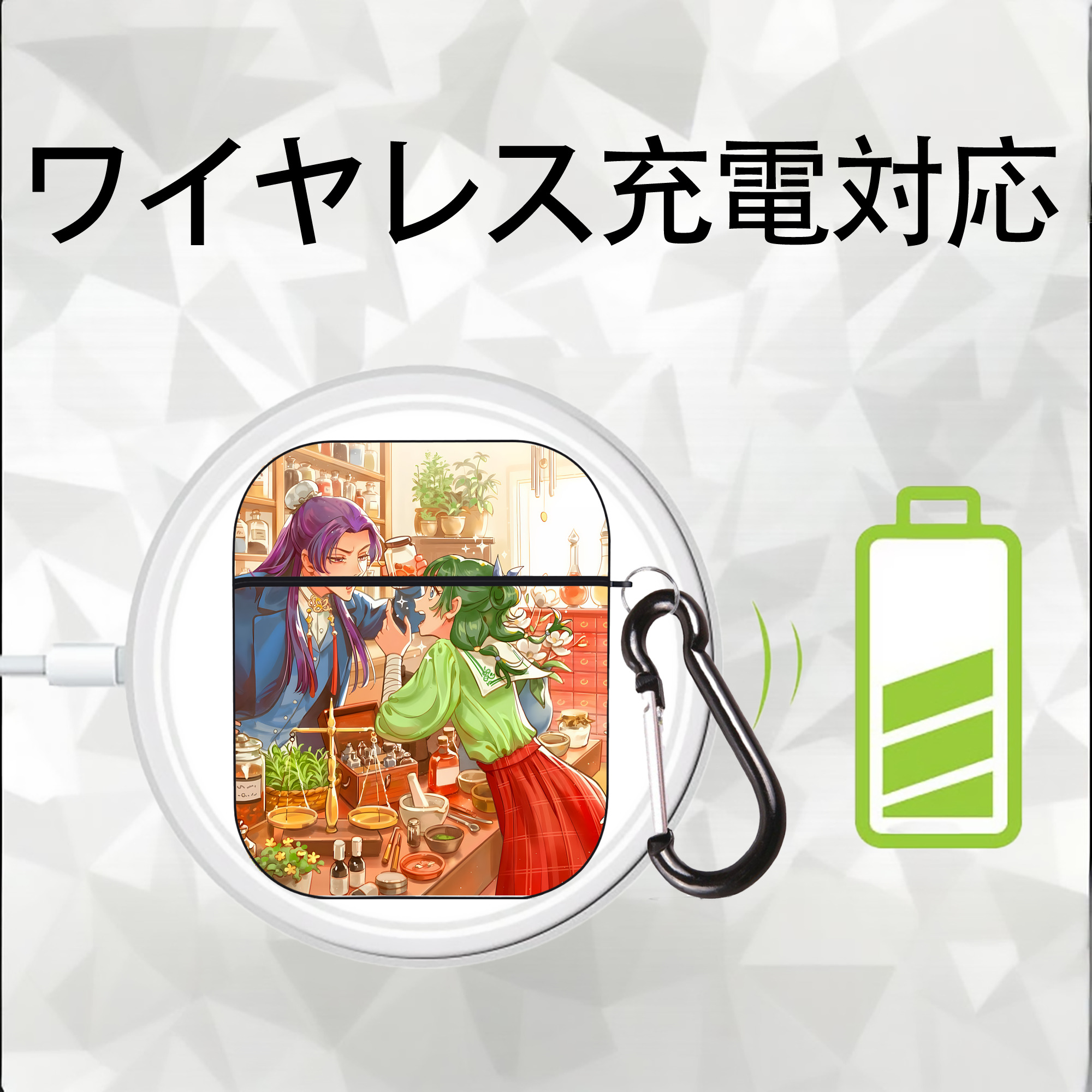 薬屋のひとりごと The Apothecary Diaries AirPods 第2世代保護ケース ハードシェル ブラック 耐衝撃・防指紋・カラビナ付き