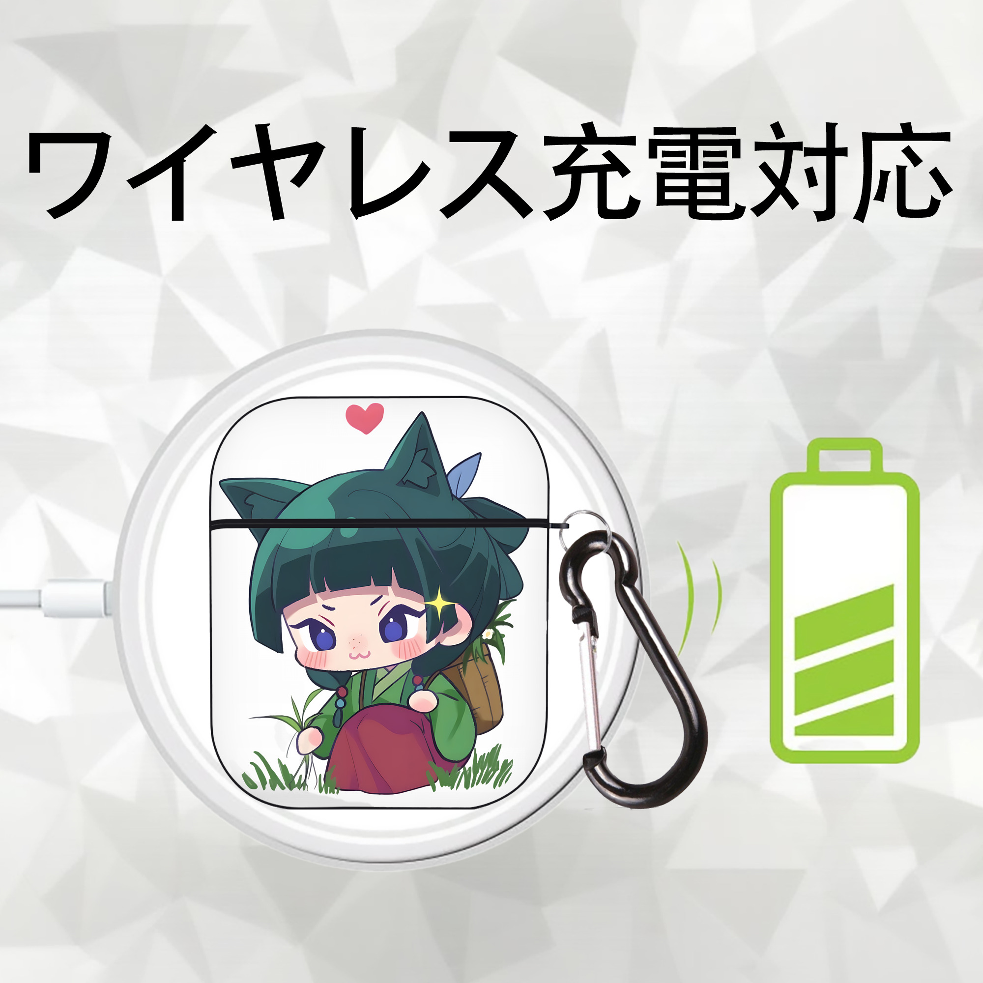 薬屋のひとりごと The Apothecary Diaries AirPods 第2世代保護ケース ハードシェル ブラック 耐衝撃・防指紋・カラビナ付き