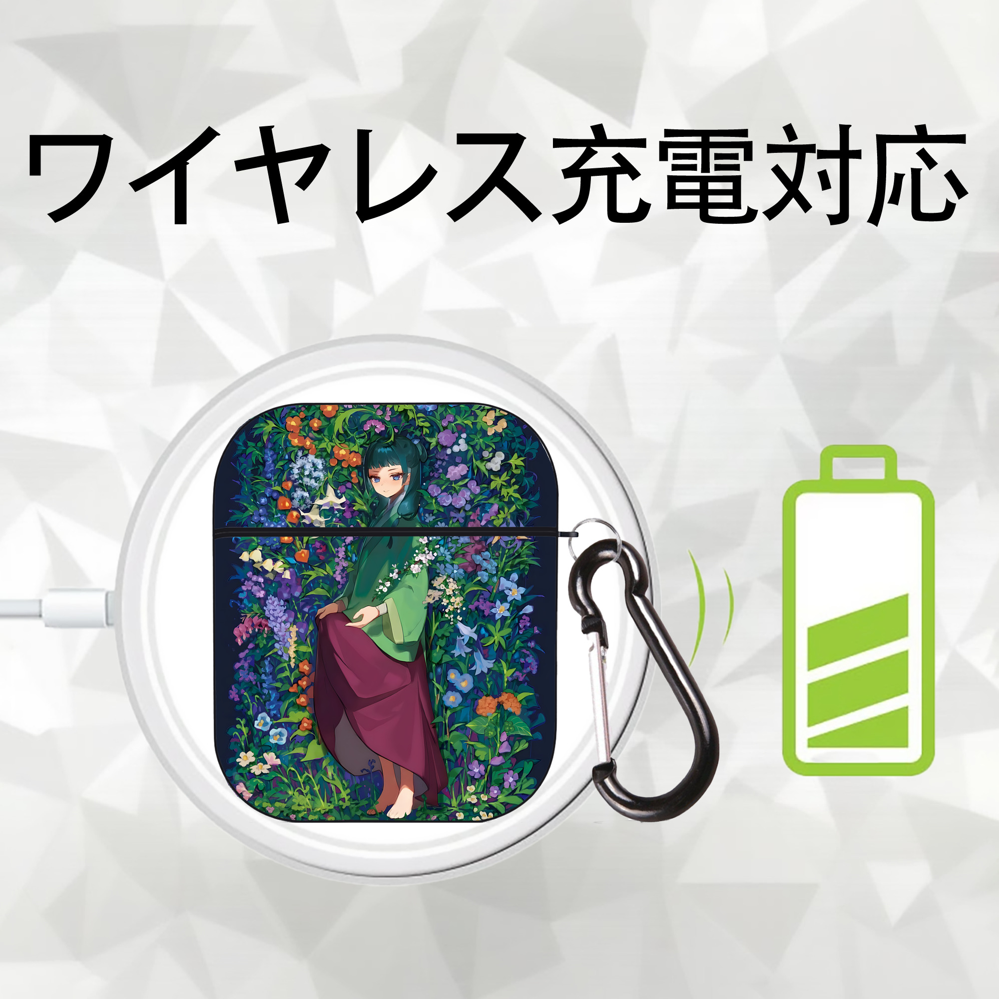 薬屋のひとりごと The Apothecary Diaries AirPods 第2世代保護ケース ハードシェル ブラック 耐衝撃・防指紋・カラビナ付き