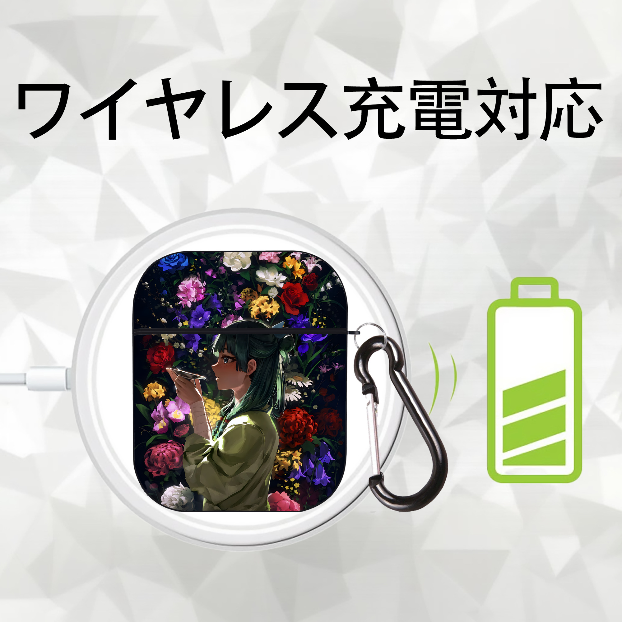 薬屋のひとりごと The Apothecary Diaries AirPods 第2世代保護ケース ハードシェル ブラック 耐衝撃・防指紋・カラビナ付き