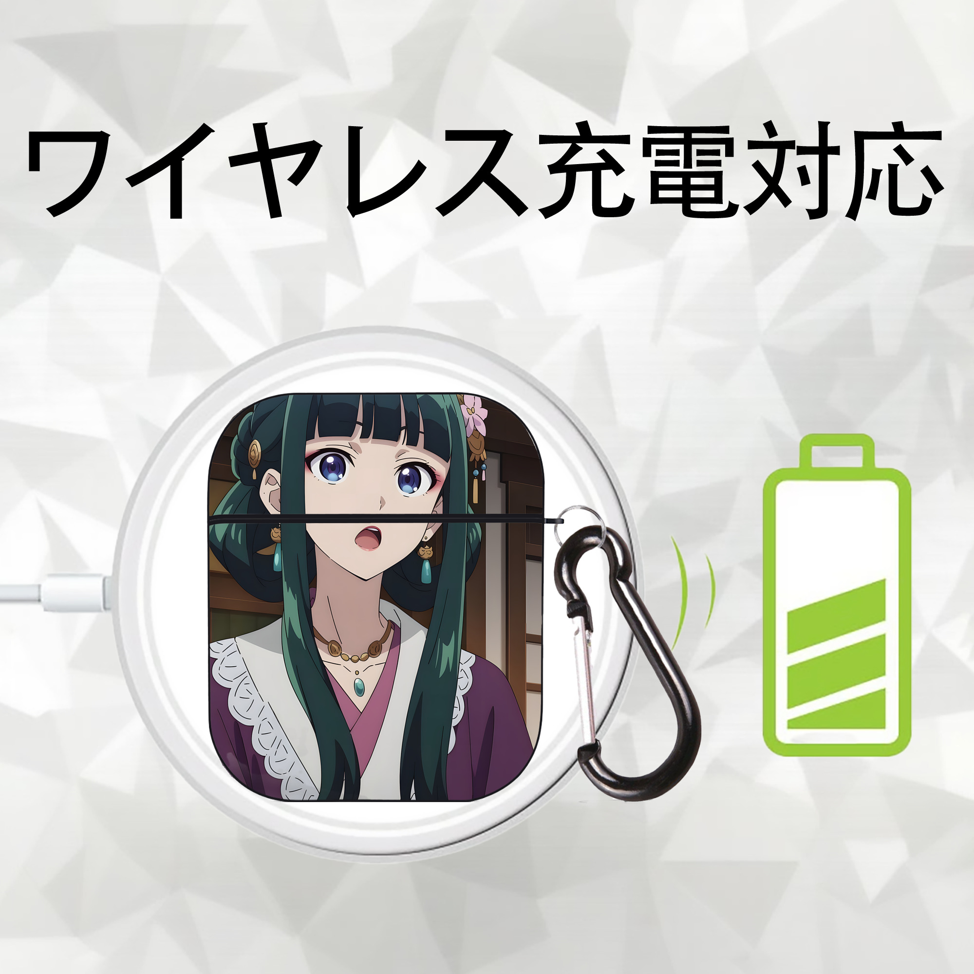 薬屋のひとりごと The Apothecary Diaries AirPods 第2世代保護ケース ハードシェル ブラック 耐衝撃・防指紋・カラビナ付き