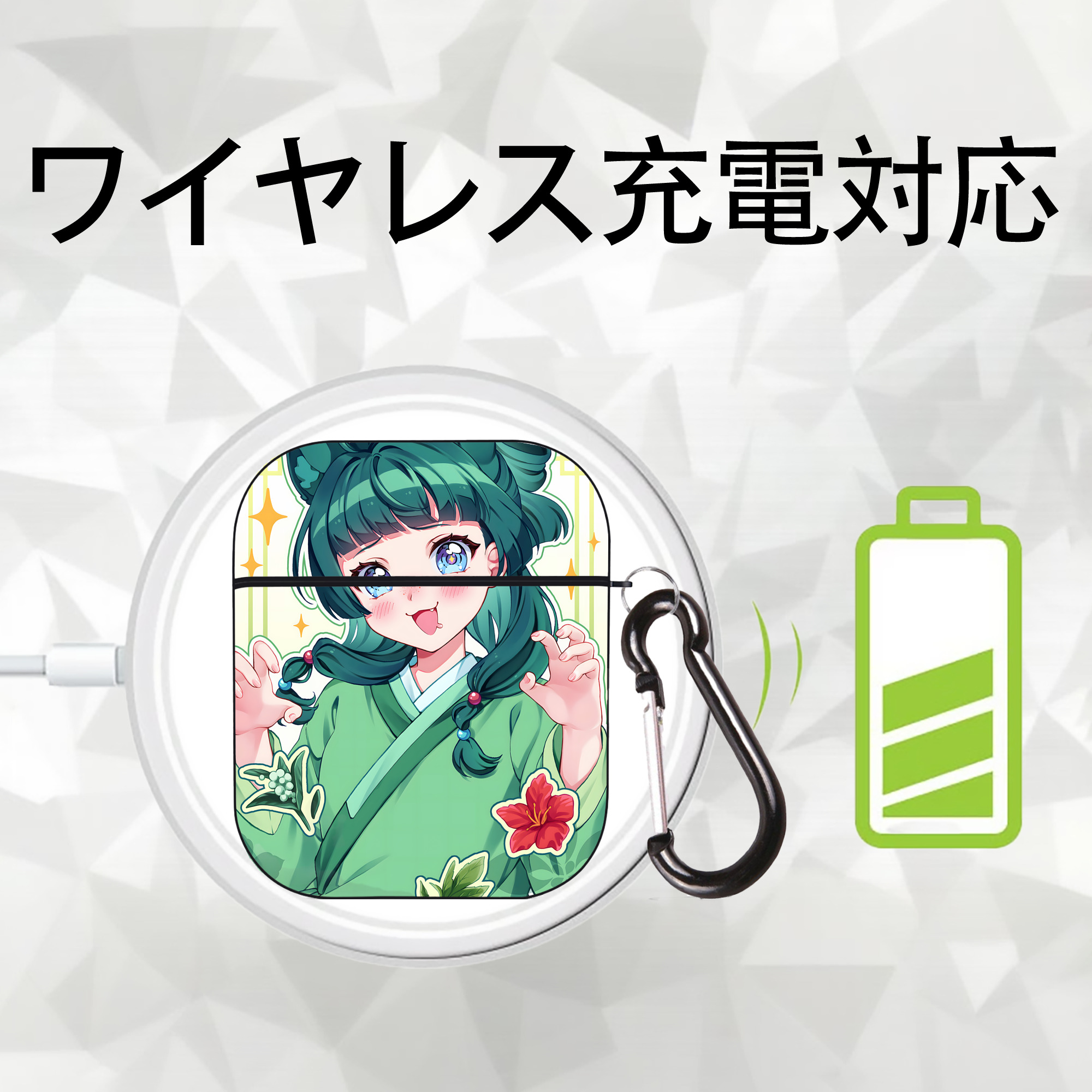 薬屋のひとりごと The Apothecary Diaries AirPods 第2世代保護ケース ハードシェル ブラック 耐衝撃・防指紋・カラビナ付き
